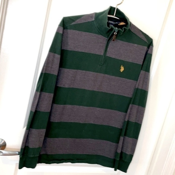 U. S. POLO ASSN. | Men’s Green & Gray Horizontal Striped Quarter Zip Long Sleeve - Picture 4 of 6